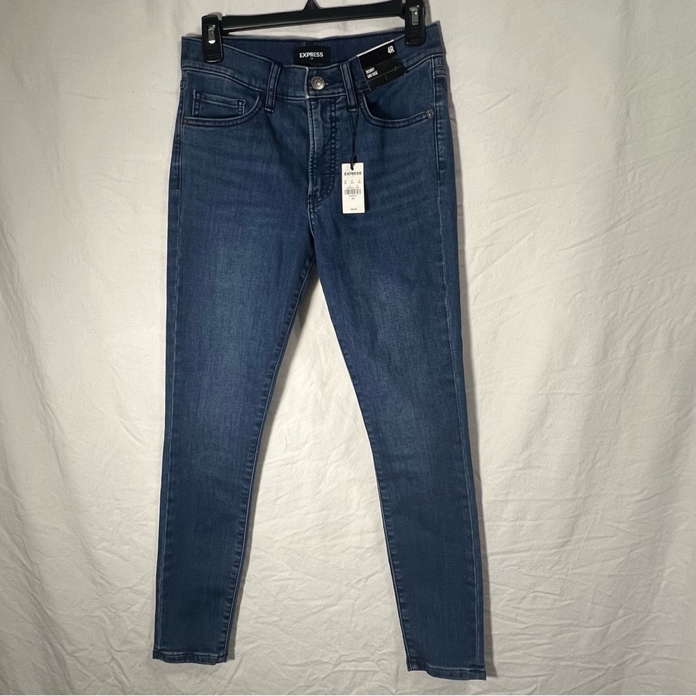 Express Jeans Women's 4R Blue Mid Rise Skinny Distressed Denim Stretch NWT